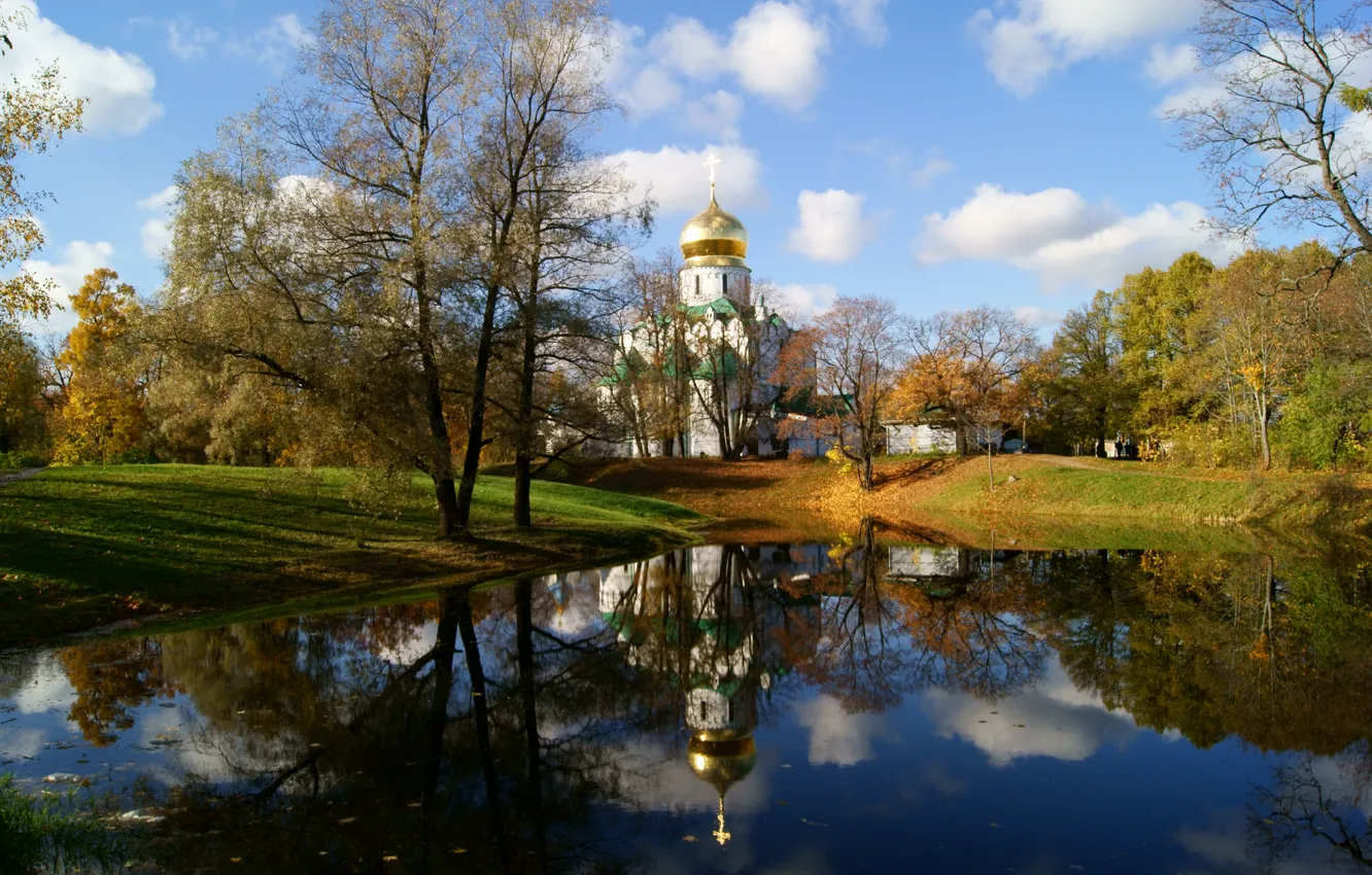 Фото обои осень, небо, облака, озеро, октябрь, день, церковь, санкт-петербур…