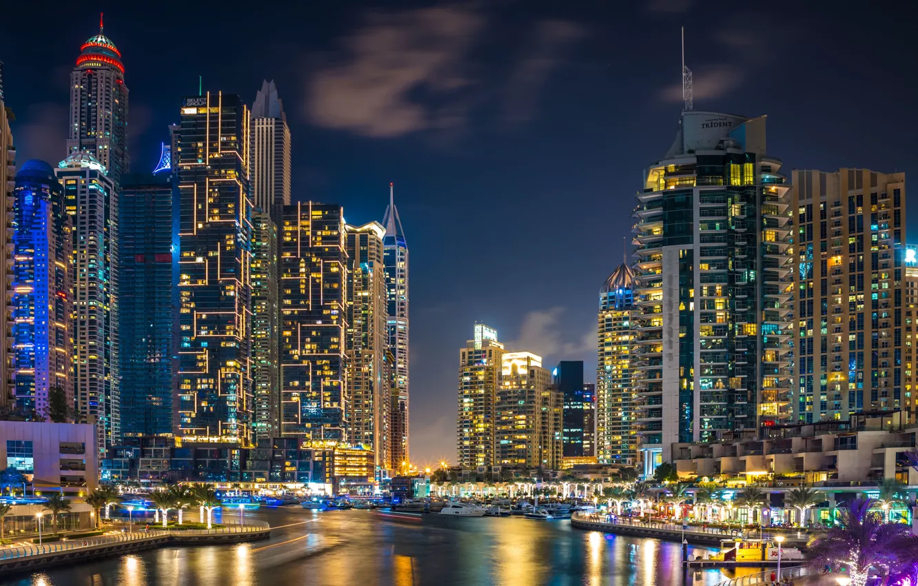 Фото обои здания, дома, залив, Дубай, ночной город, Dubai, небоскрёбы, гавань