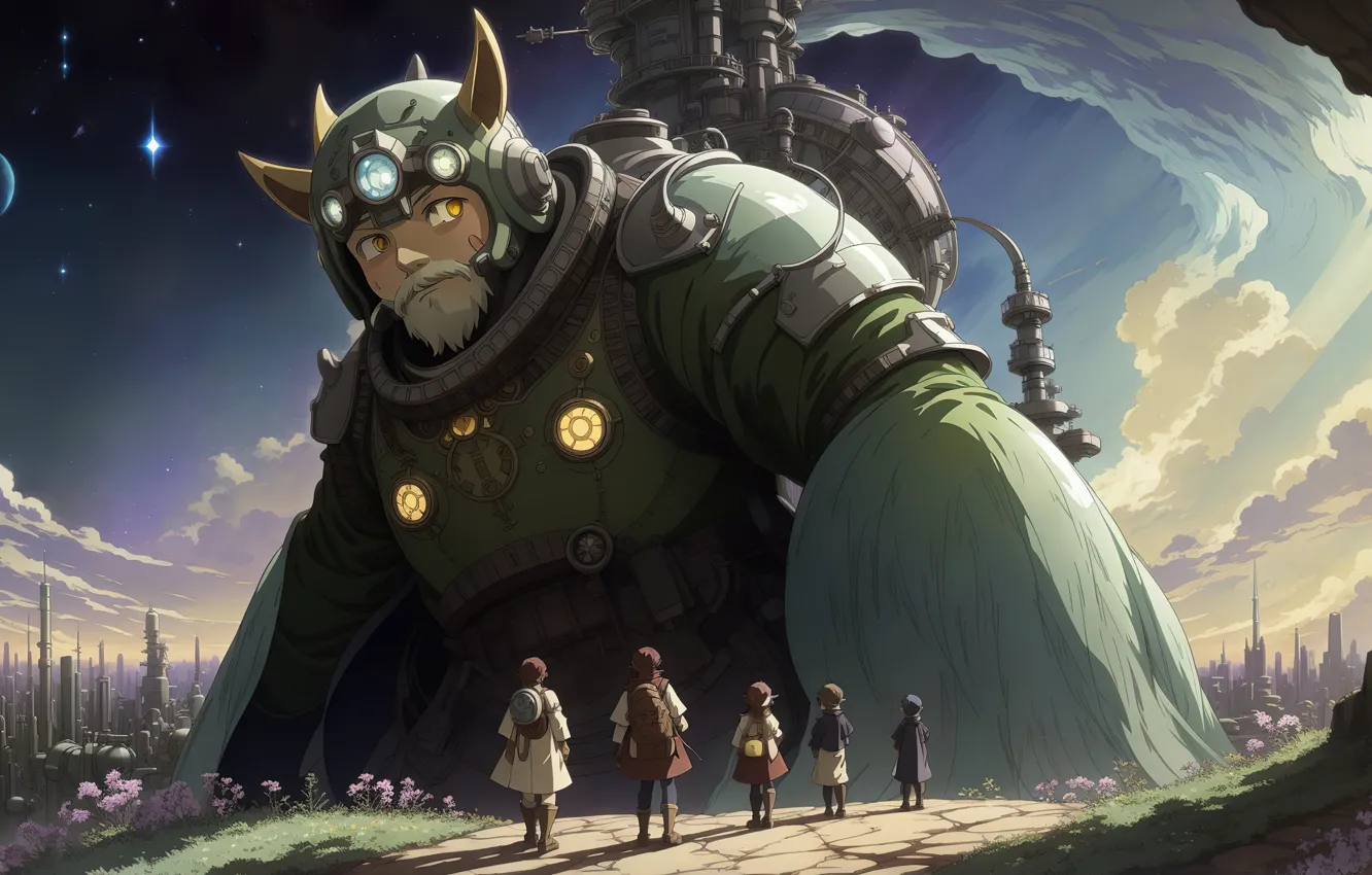 Фото обои fantasy, landscape, anime, art, team, steampunk, giant, colossus