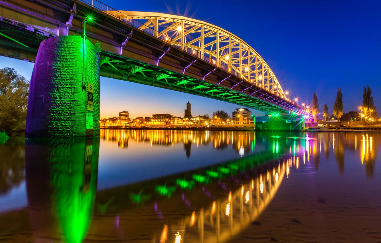 Фото обои ночь, мост, огни, Нидерланды, голландия, посветка, Арнем, John Frost Brücke