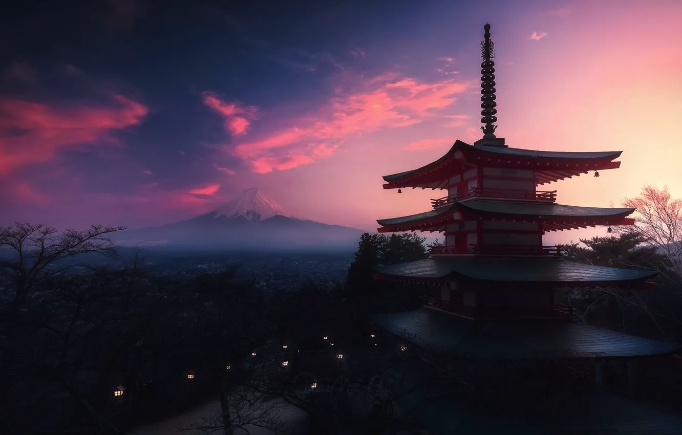 Фото обои свет, лампы, вечер, утро, Япония, пагода, гора Фуджи