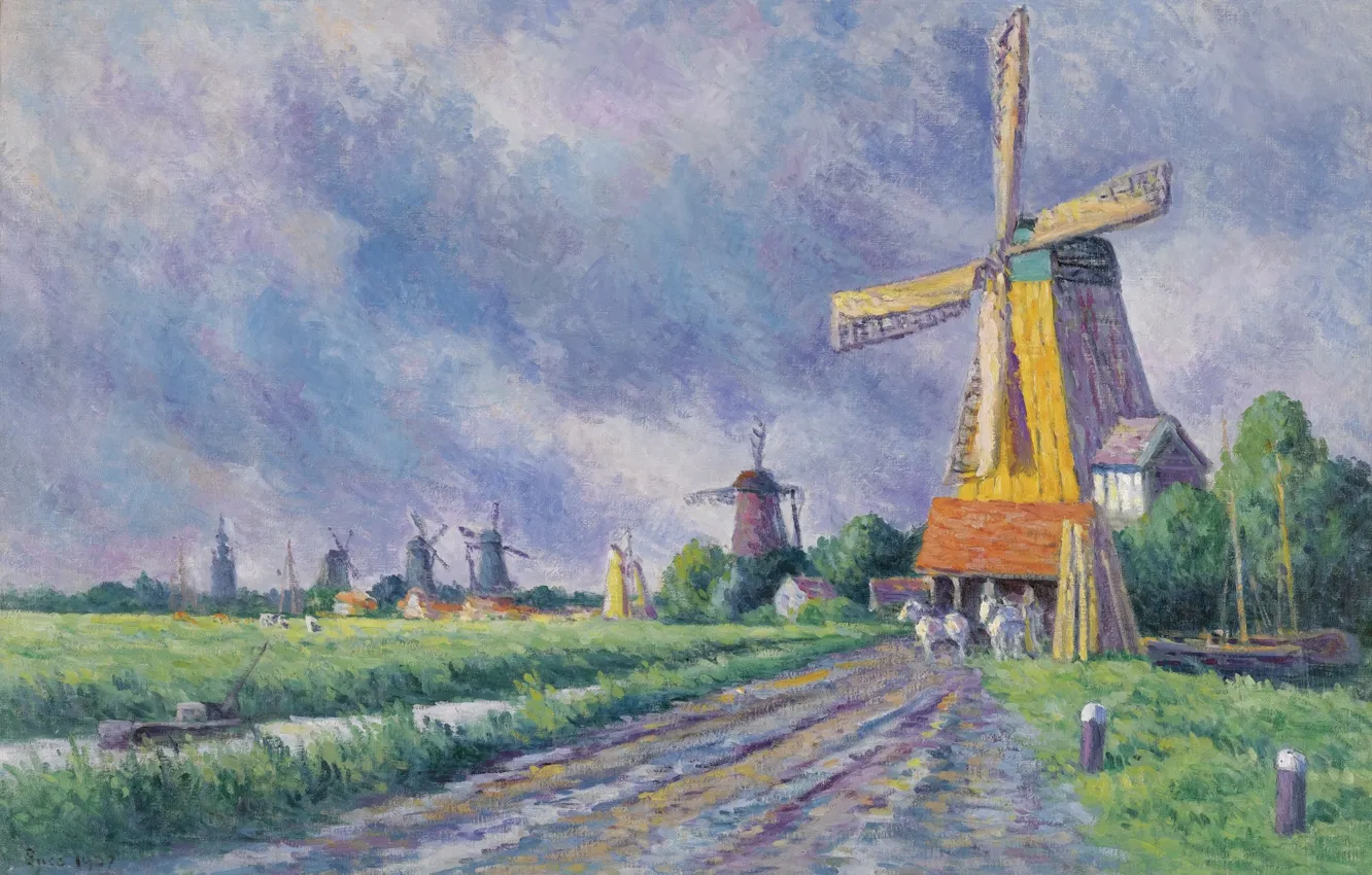 Фото обои пейзаж, картина, ветряная мельница, 1907, Максимильен Люс, Maximilien Luce, Окраина Роттердама