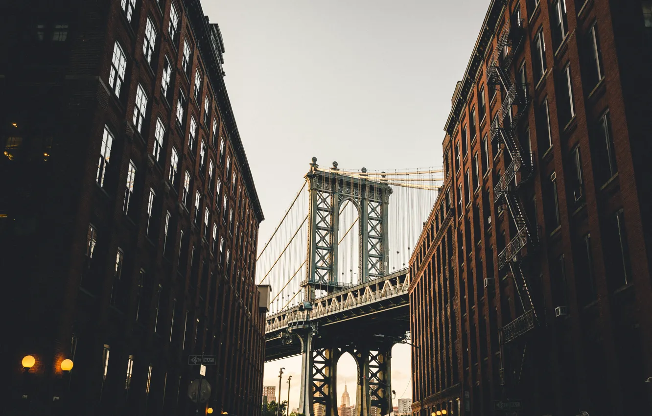 Фото обои мост, city, город, улица, дома, Нью-Йорк, вечер, Бруклин