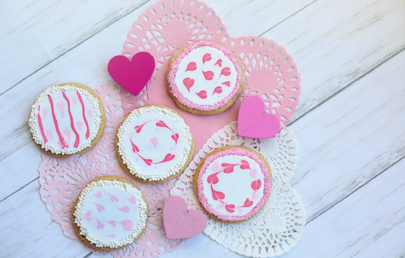 Фото обои розовый, печенье, сердечки, heart, wood, pink, sweet, cookie