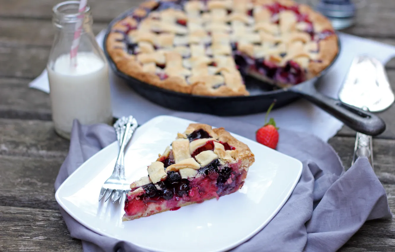 Фото обои ягоды, молоко, тарелка, пирог, смородина, выпечка