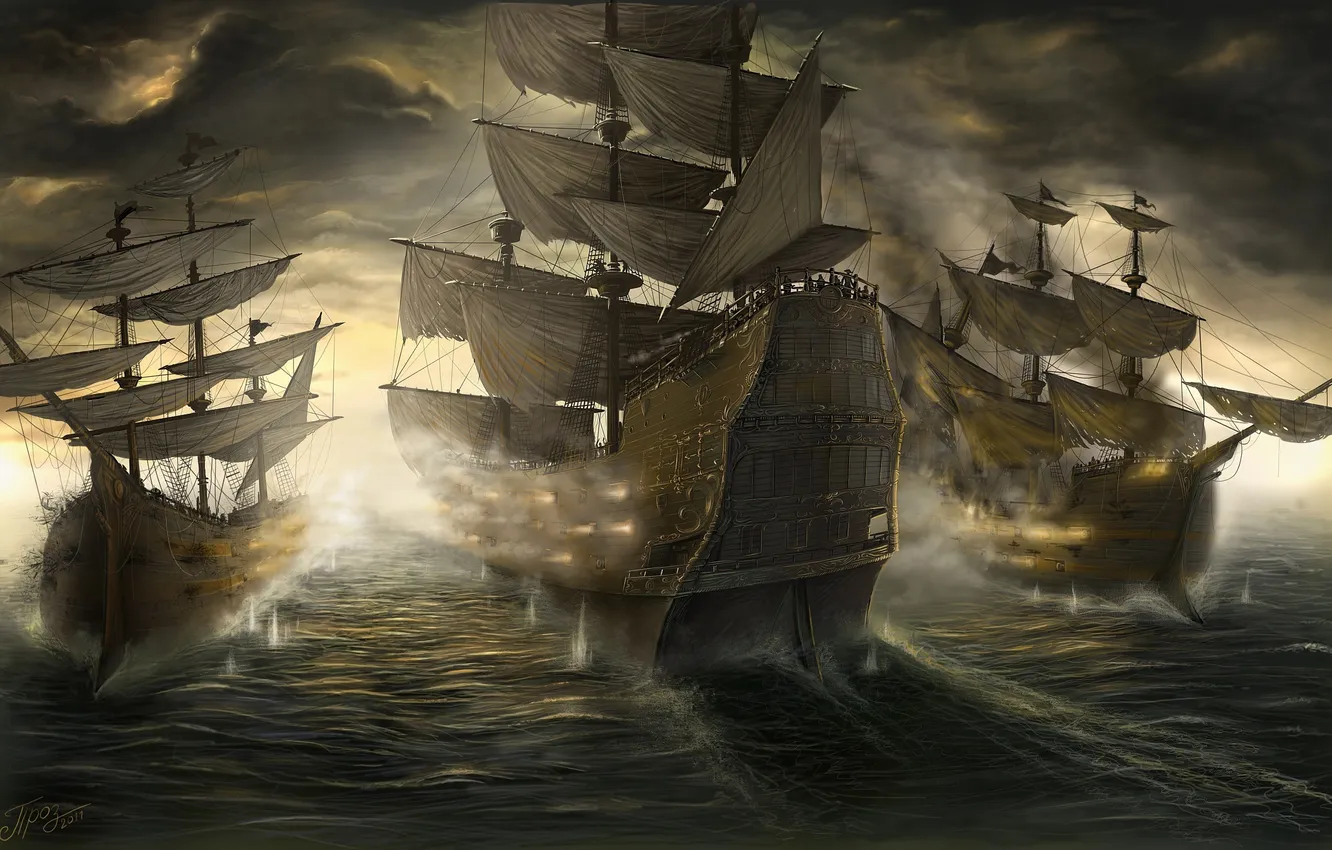 Фото обои море, пушки, парус, Корабли, сражение