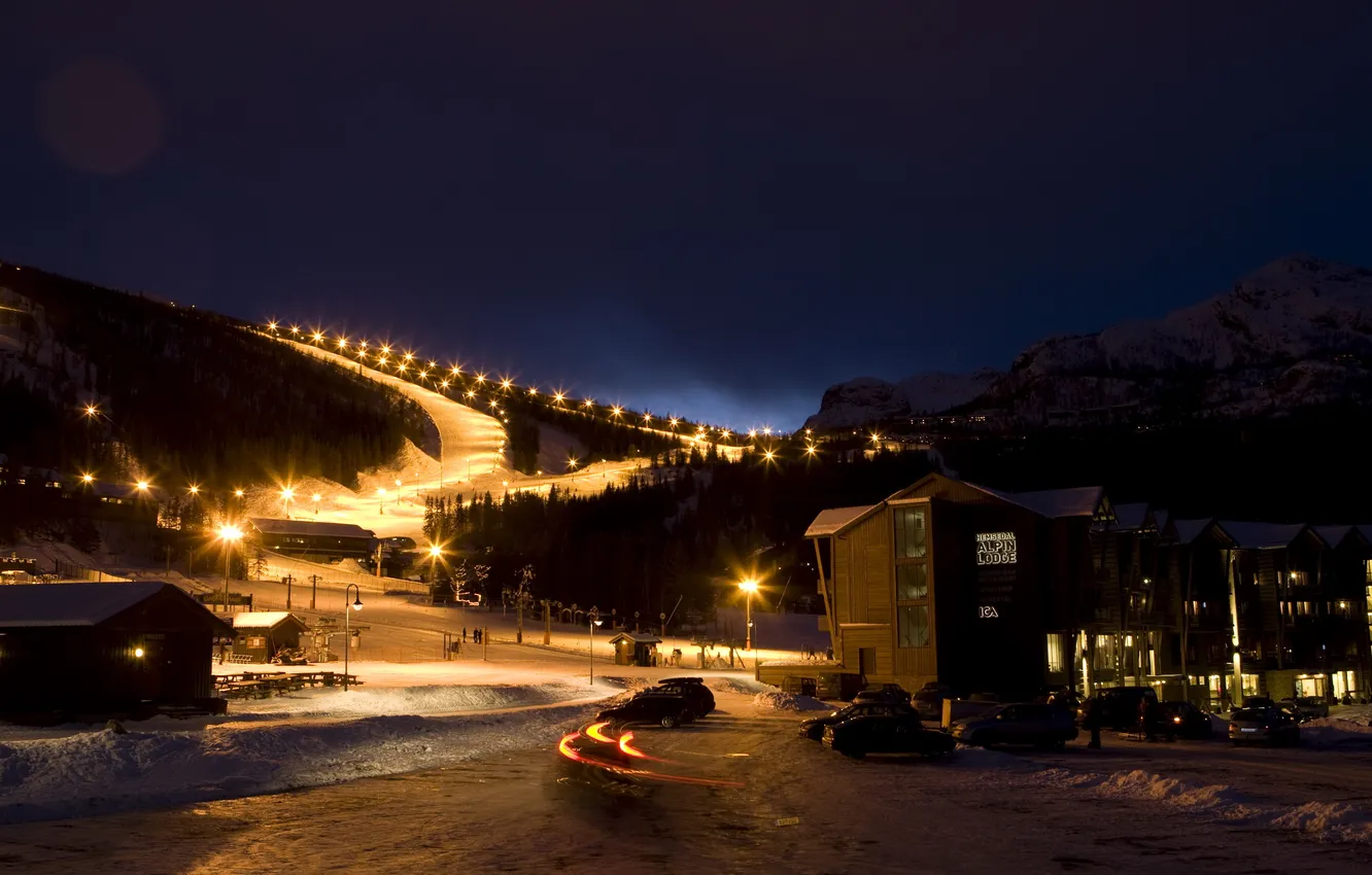 Фото обои пейзаж, ночь, природа, фото, Норвегия, фонари, Valley Hemsedal