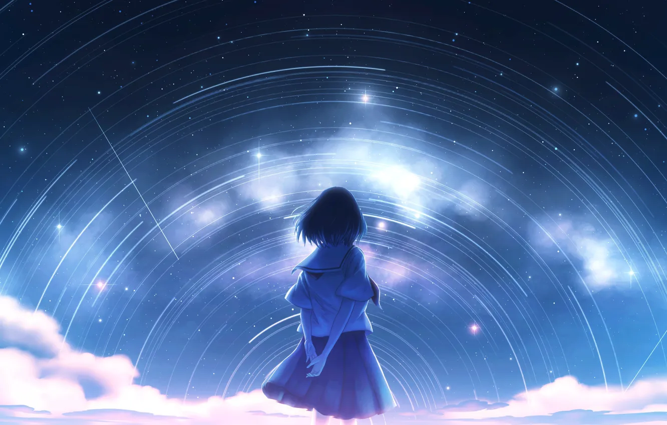 Фото обои небо, девушка, ночь, млечный путь, звездопад, by Nengoro