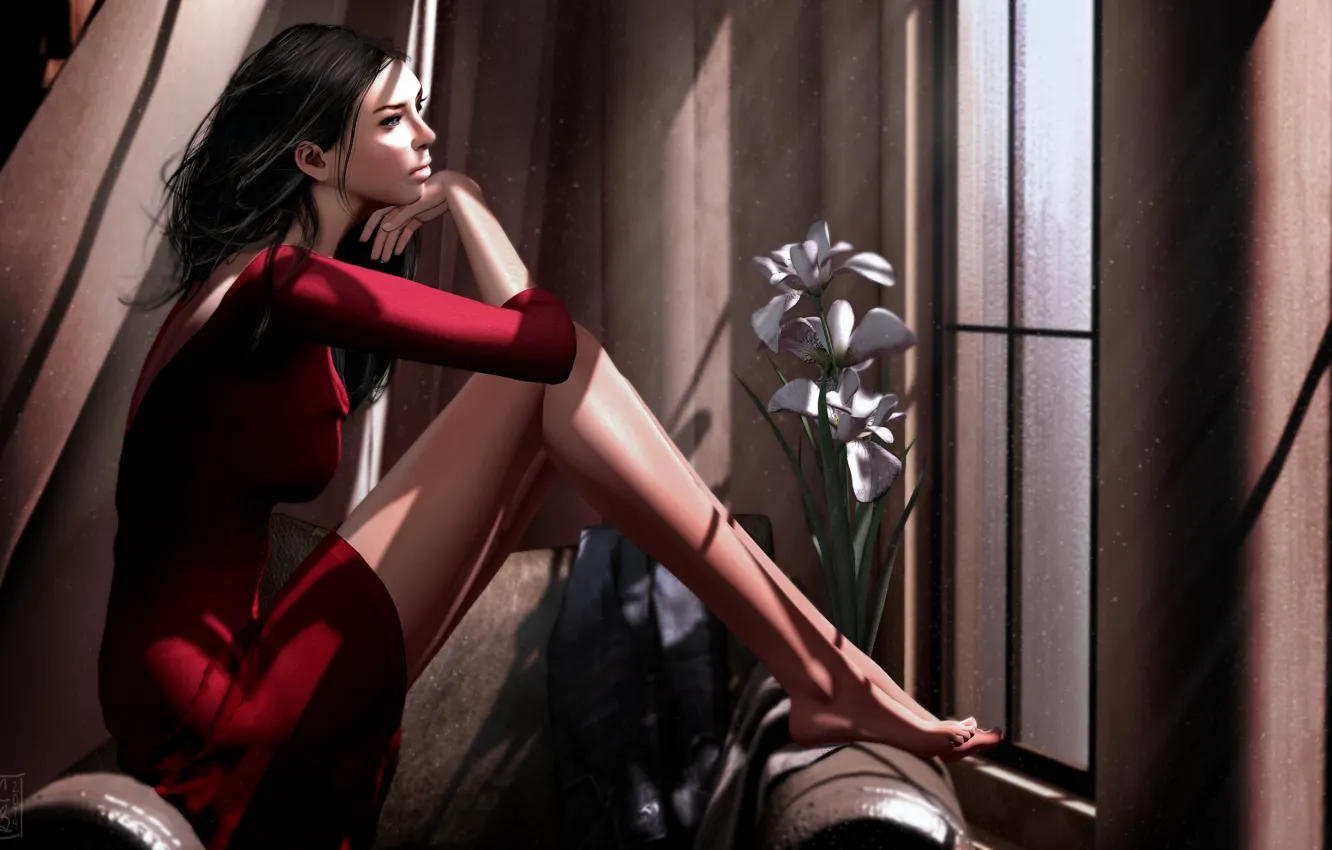 Фото обои девушка, лицо, комната, красное, волосы, платье, окно, ножки