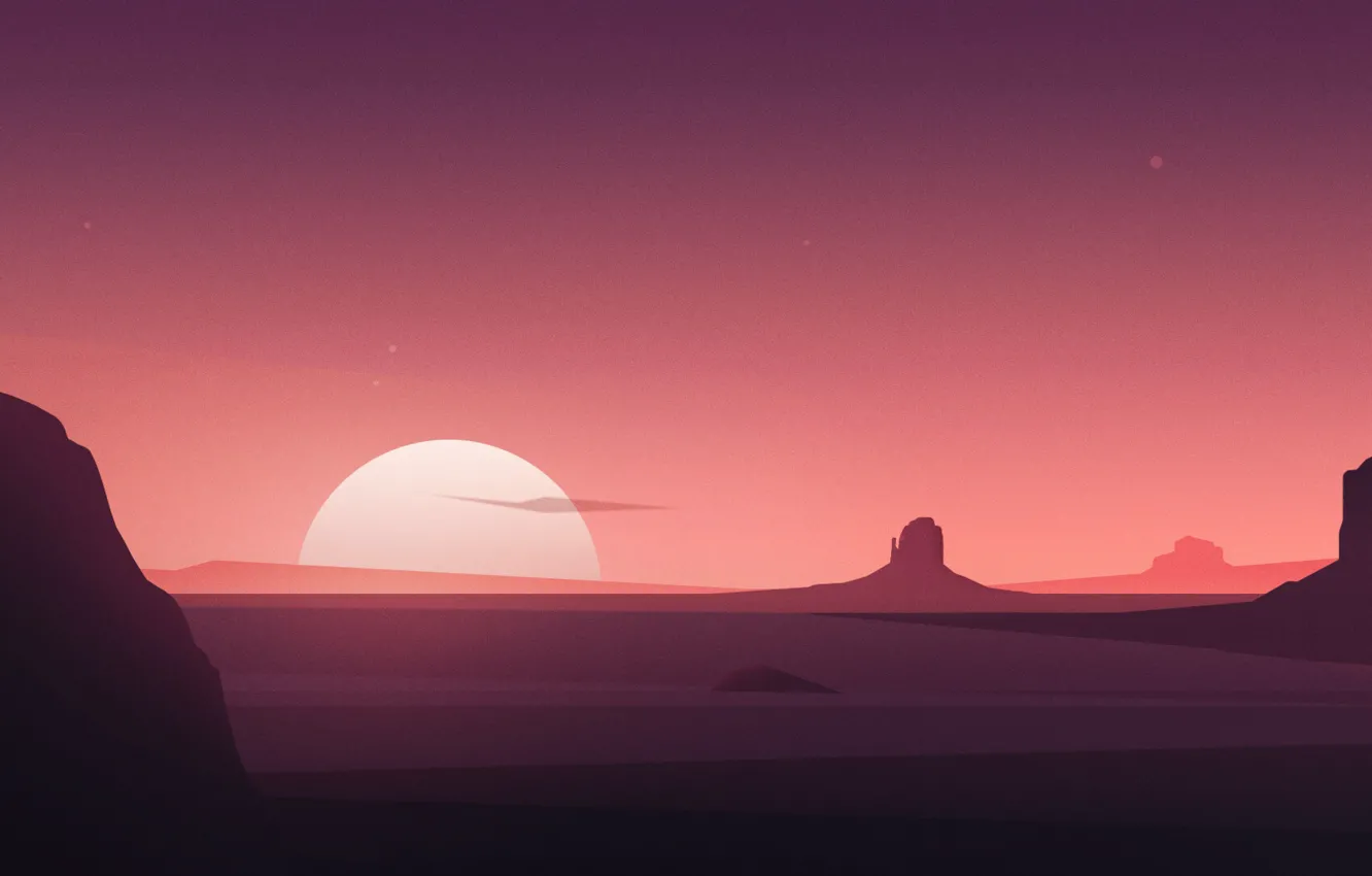 Фото обои солнце, пейзаж, закат, горы, рассвет, минимализм, арт, landscape