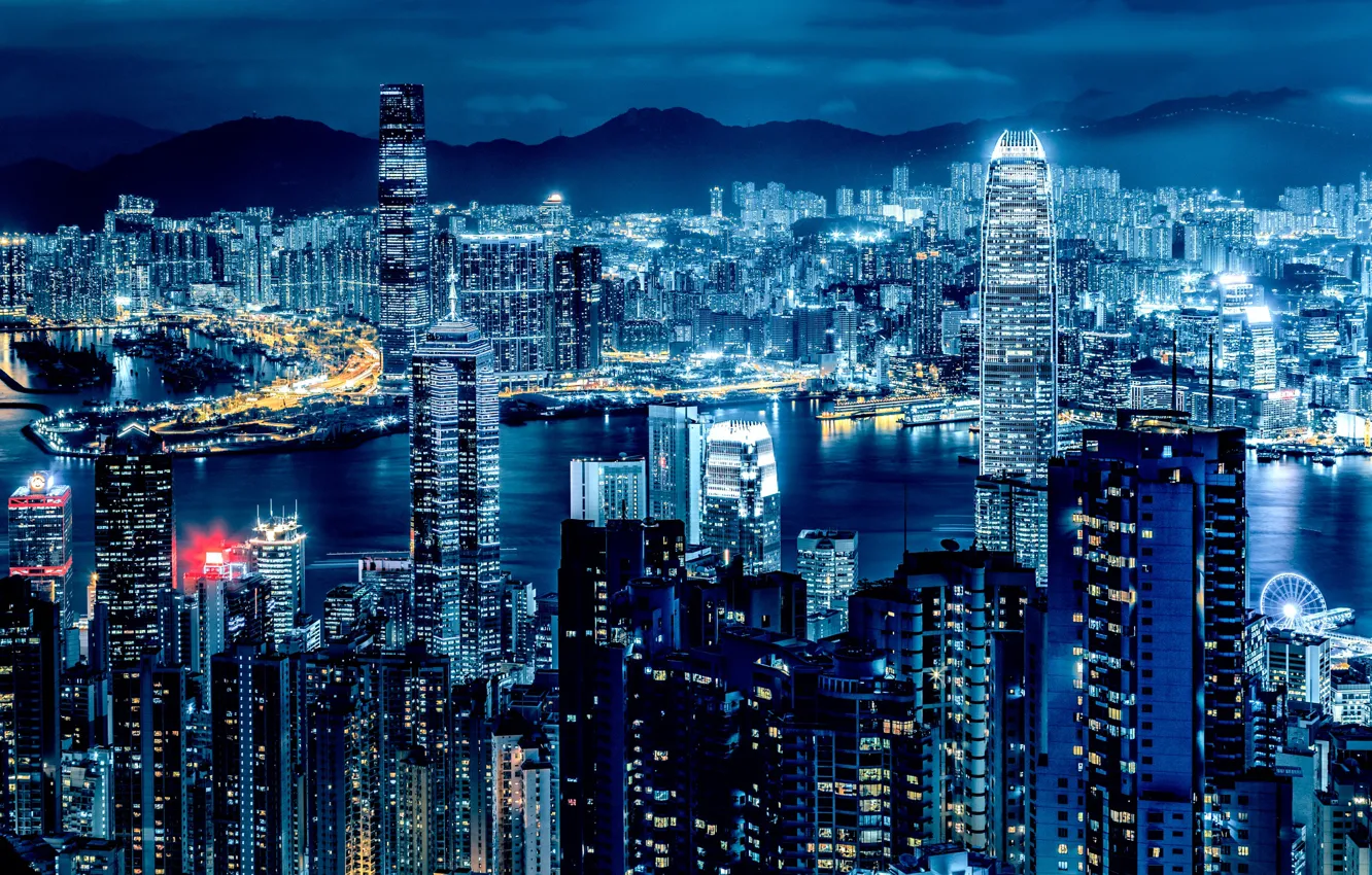 Фото обои ночь, Гонконг, небоскребы, панорама