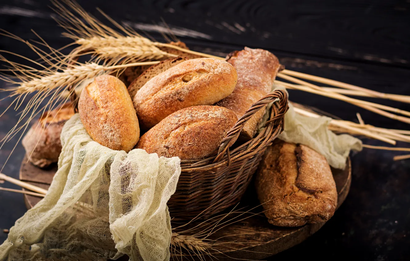 Фото обои пшеница, корзина, колоски, хлеб, выпечка, боке, марля
