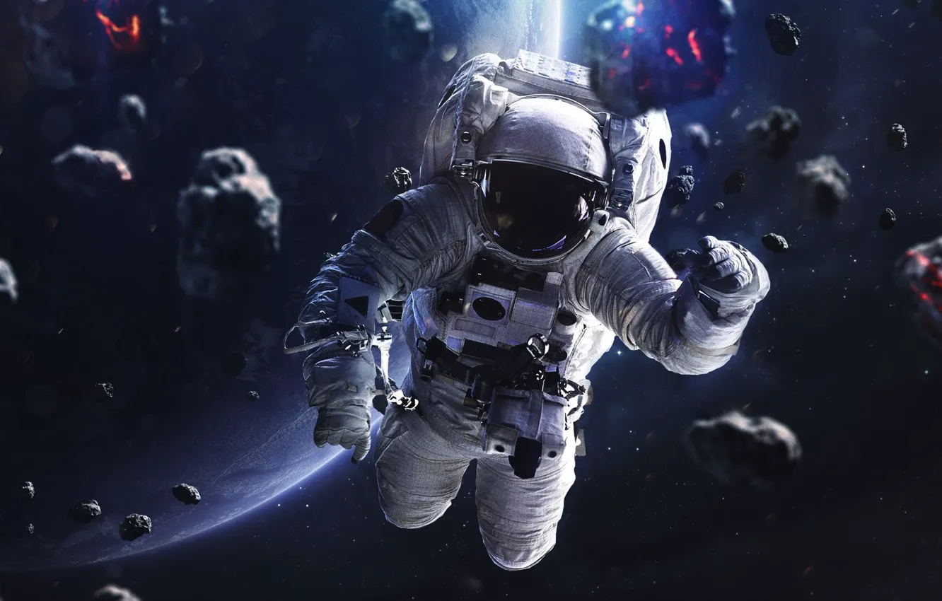 Фото обои обломки, космос, планета, космонавт, астероиды, скафандр, space, шлем