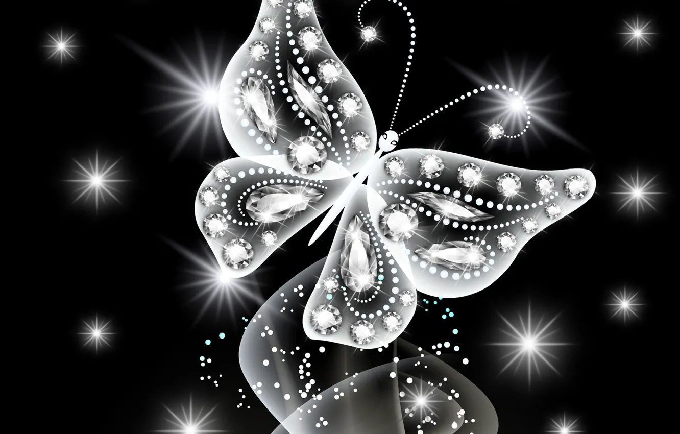 Фото обои бабочка, abstract, white, butterfly, glow, neon, sparkle, diamonds