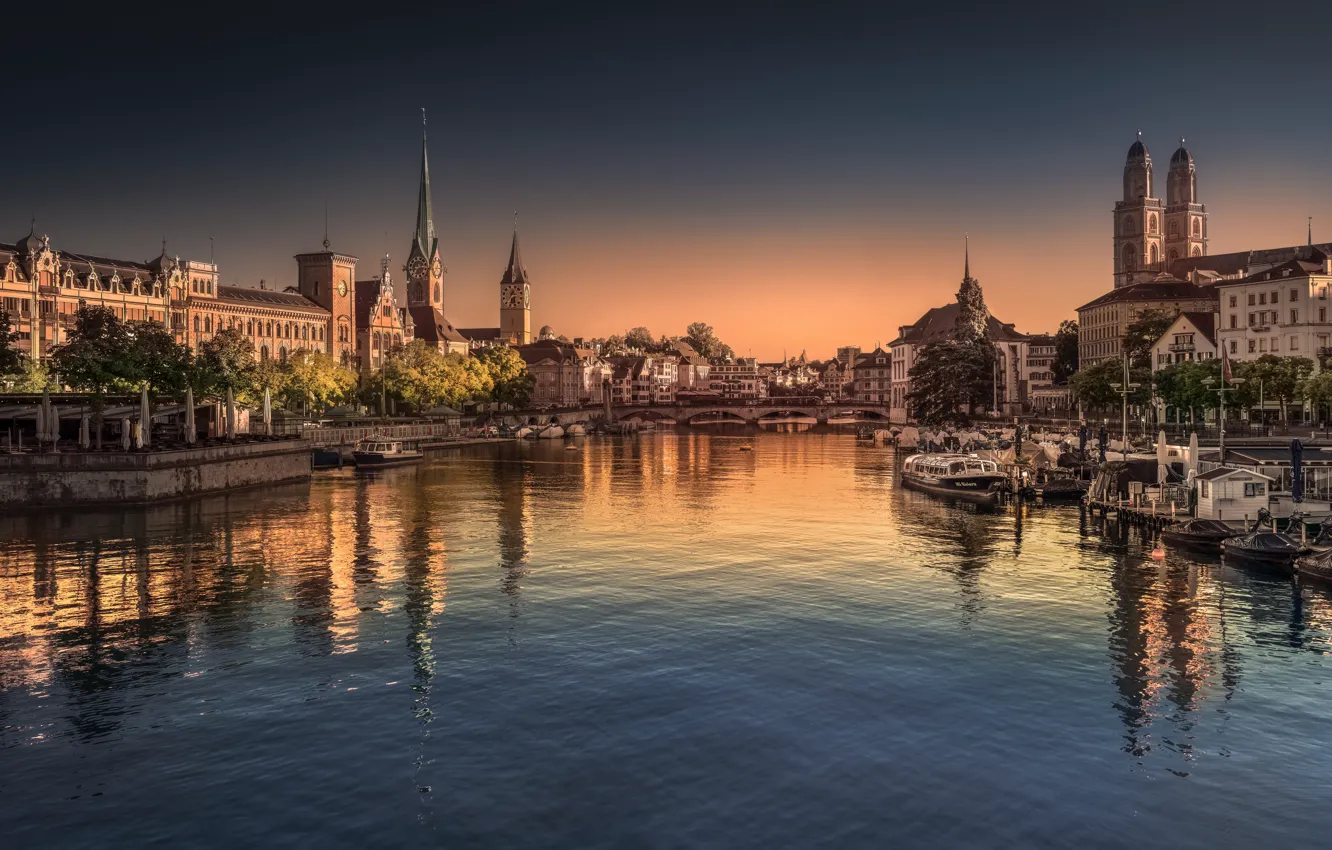 Фото обои city, river, Switzerland, morning, boats, Zurich, town hall