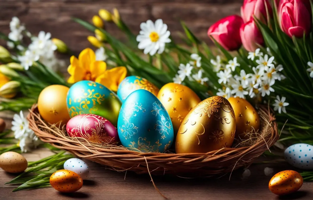 Фото обои цветы, яйца, весна, colorful, Пасха, happy, flowers, spring
