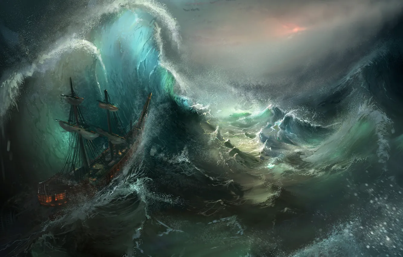 Фото обои море, волны, шторм, корабль, арт, Tysen Johnson, Stormy Seas