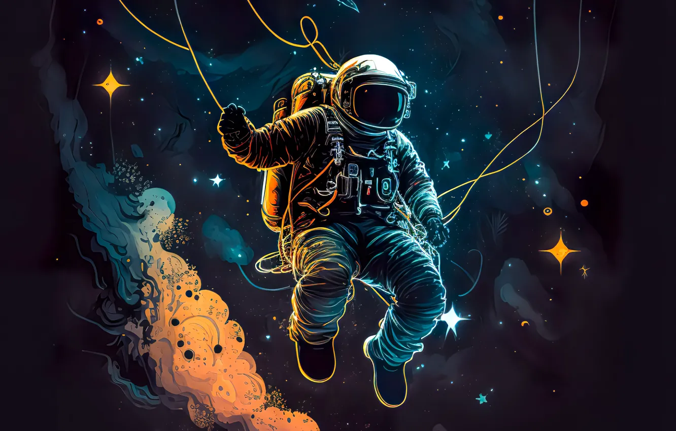 Фото обои Звезды, Скафандр, Космос, Одиночество, Астронавт, Космонавт, Выход в открытый космос, Внешнее темное пространство