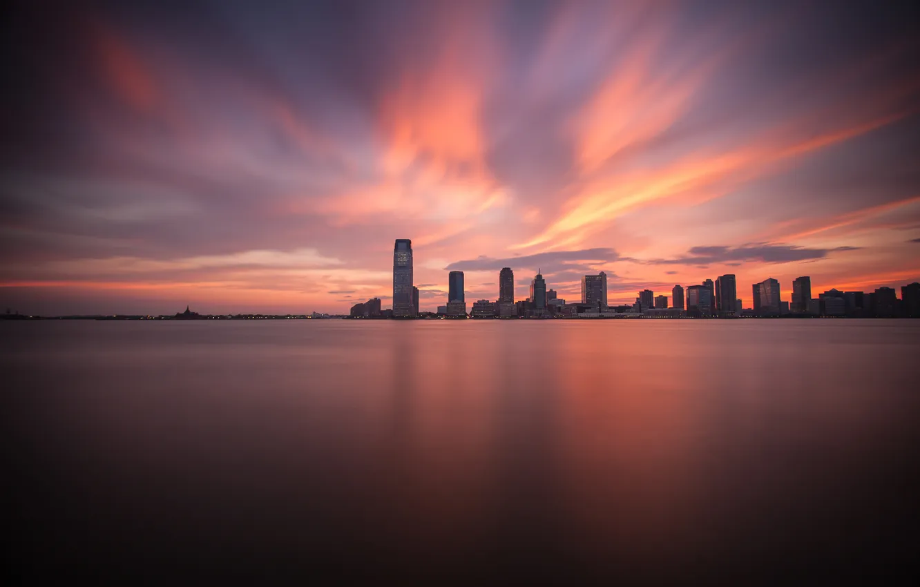 Фото обои небо, закат, город, США, ДОМА, New Jersey, Financial District, панорамма