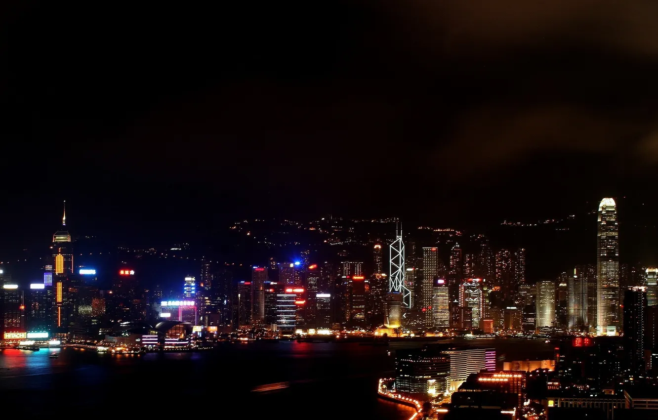 Фото обои вода, свет, ночь, огни, дома, небоскребы