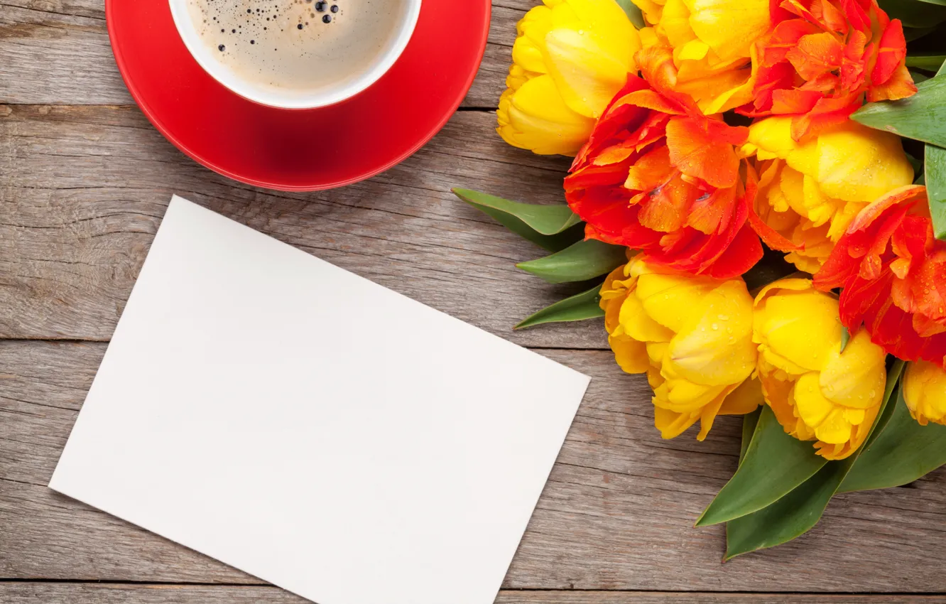 Фото обои кофе, букет, colorful, тюльпаны, yellow, flowers, cup, tulips