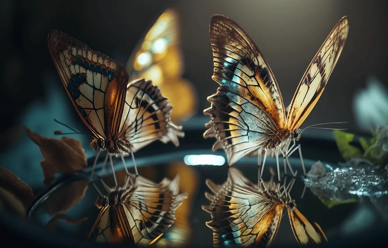 Фото обои отражение, стол, бабочка, цифровое искусство, ИИ-арт, Искусство искусственного интеллекта, НЕЙРОСЕТЬ
