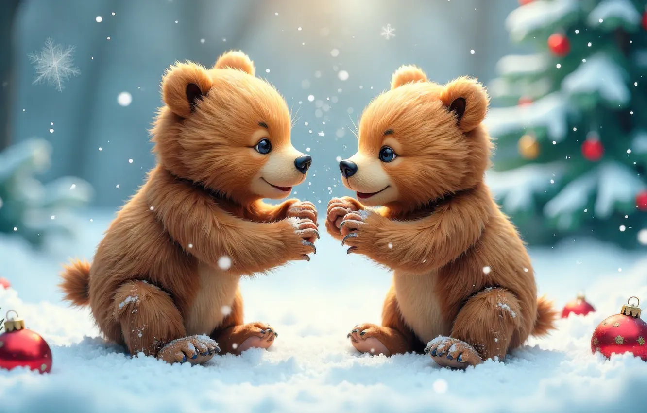 Фото обои зима, лес, шарики, снег, снежинки, поляна, игра, новый год