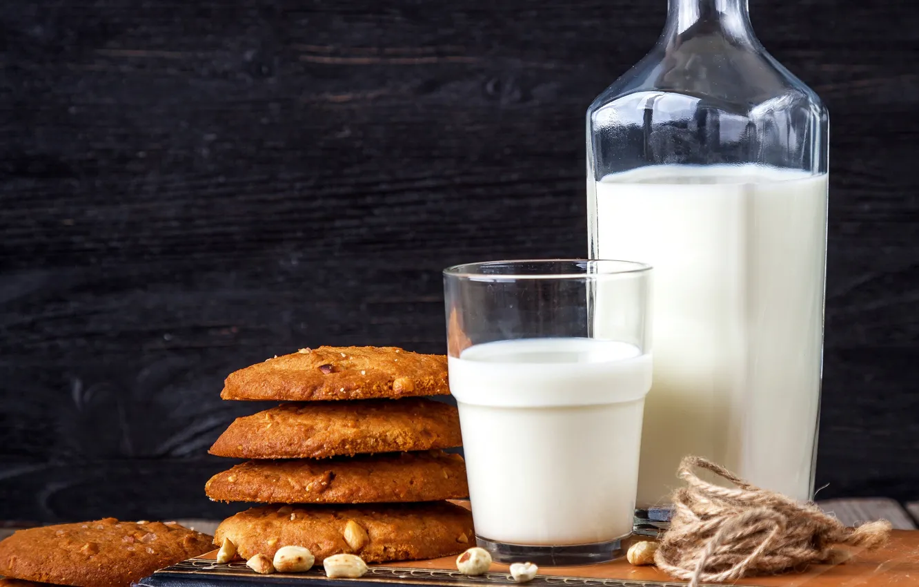 Фото обои стакан, молоко, печенье, книга, орехи, milk, cookies