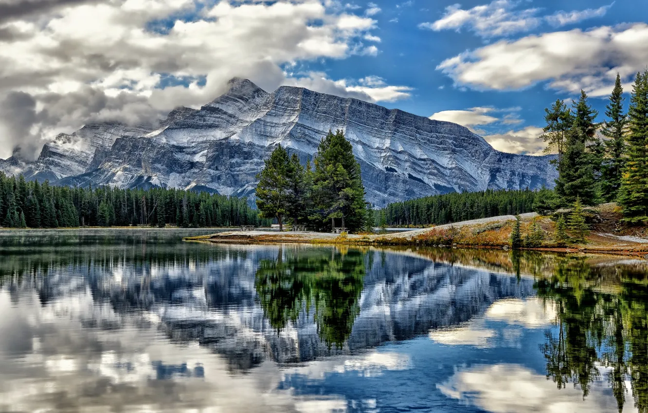Фото обои деревья, горы, озеро, отражение, Канада, Альберта, Banff National Park, Alberta