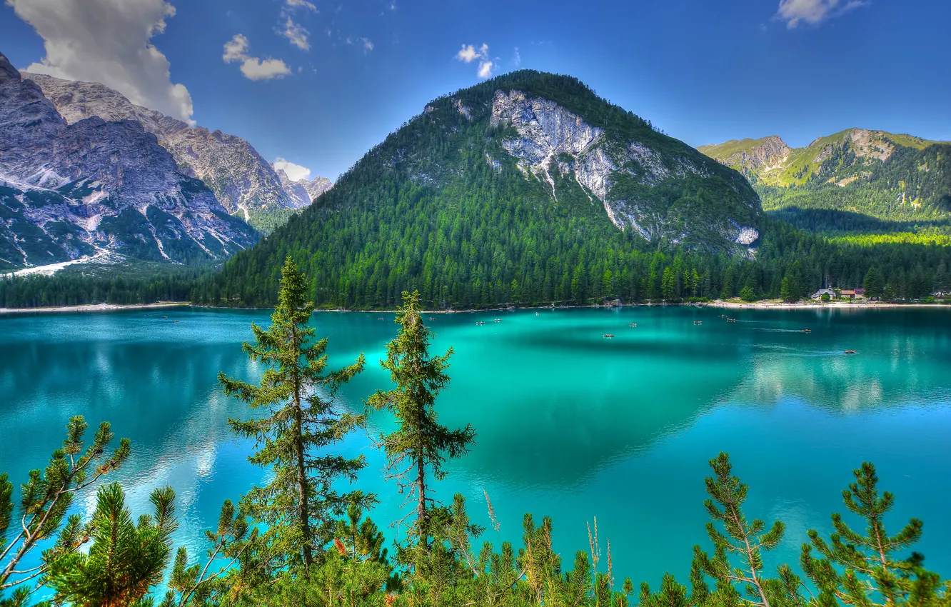 Фото обои деревья, горы, озеро, Италия, Italy, Доломитовые Альпы, Dolomites, Trentino