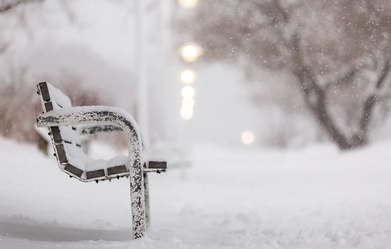 Фото обои зима, снег, улица, скамья