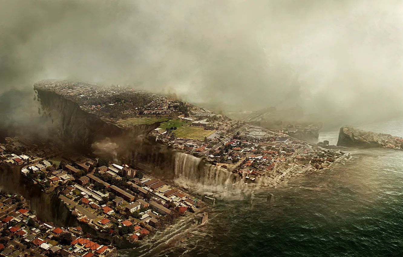 Фото обои небо, город, апокалипсис, здание, наводнение, разрушение, панорама, конец света