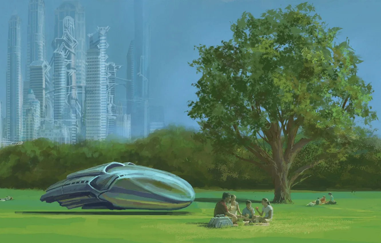 Фото обои будущее, дерево, транспорт, корабль, семья, арт, пикник, мегаполис