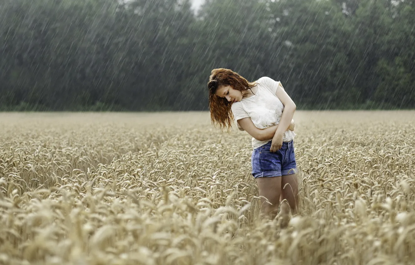 Фото обои поле, девушка, дождь