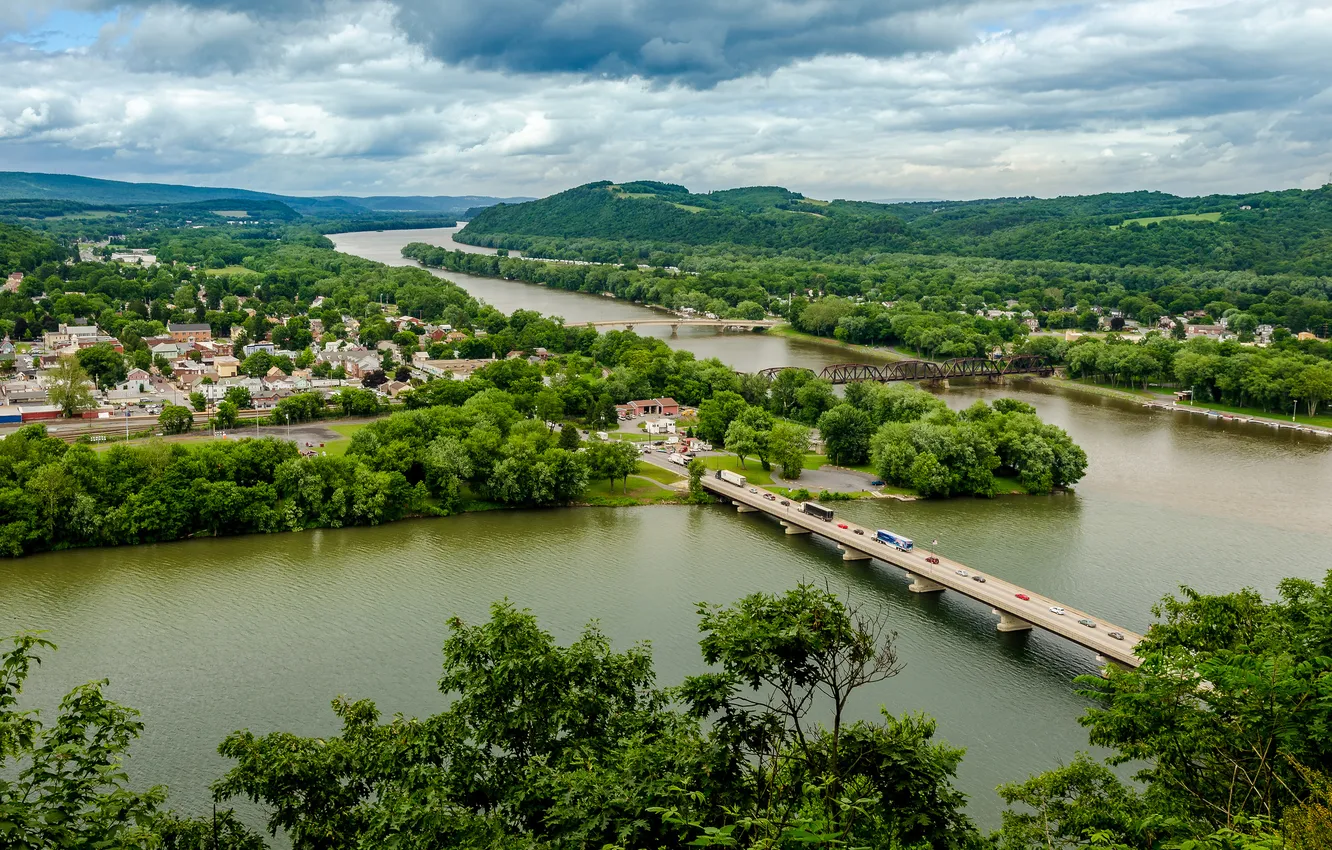 Фото обои река, панорама, мосты, Пенсильвания, Pennsylvania, Northumberland, Нортумберленд, река Саскуэханна