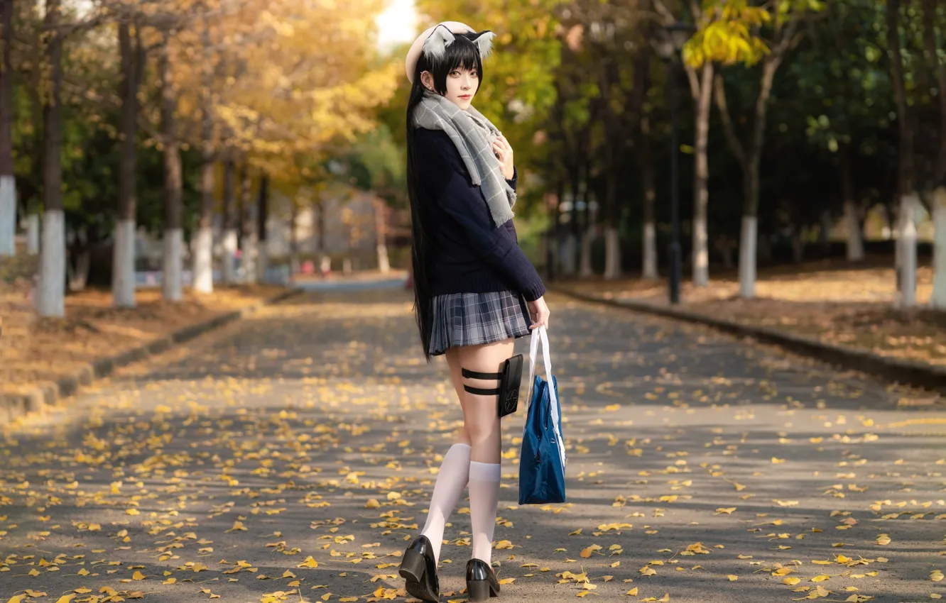 Фото обои Beautiful, Asian, Model, Street, Woman, Pretty, Scarf, Outdoor