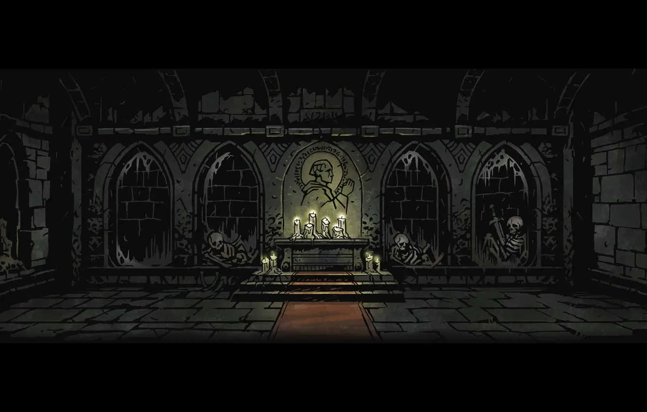 Фото обои Death, ruins, candles, swords, altar, Darkest dungeon