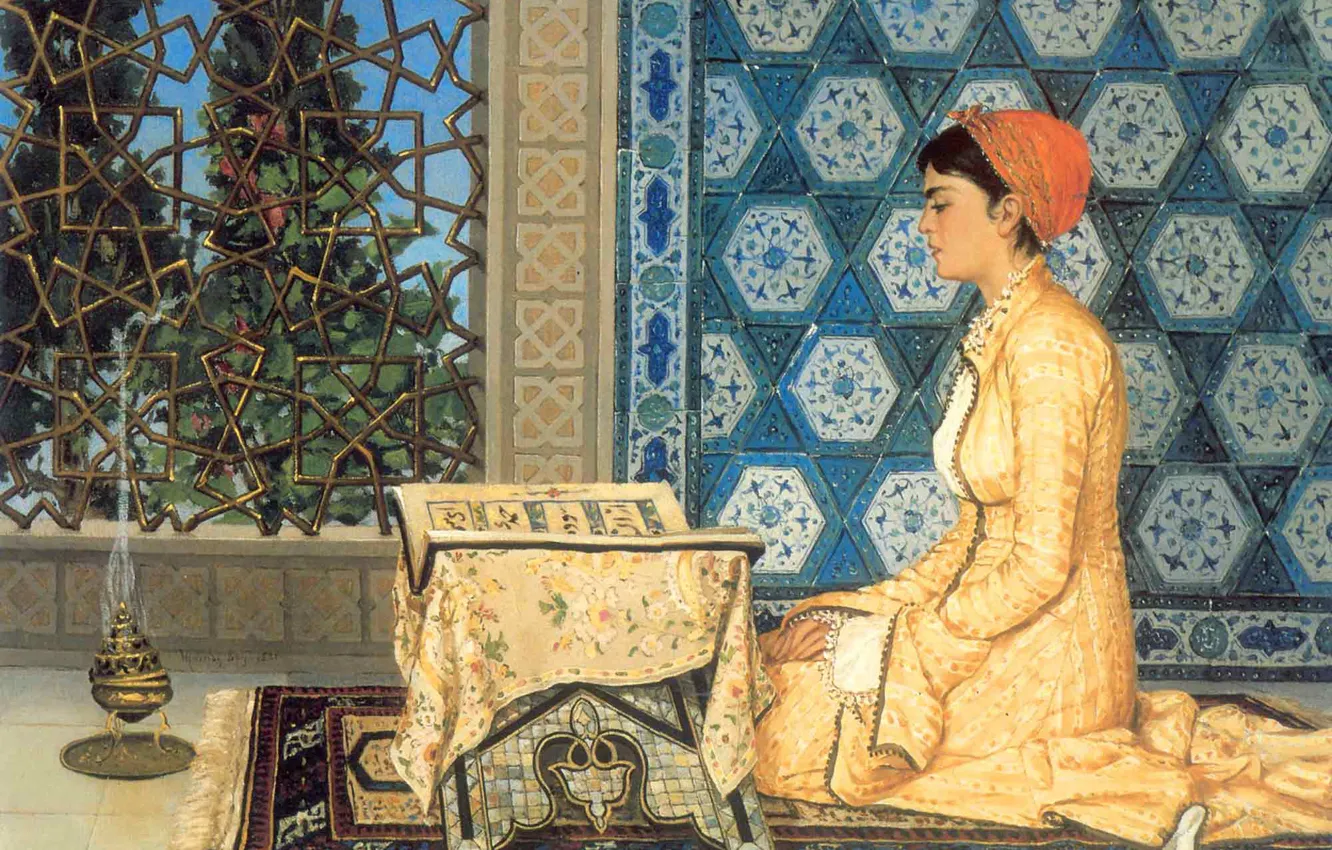 Фото обои девушка, портрет, Турция, Девушка читающая Коран, Osman Hamdi
