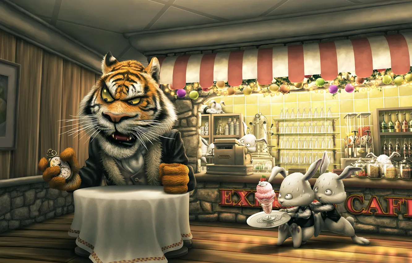 Фото обои тигр, часы, заказ, мороженое, кролики, кафе, столик, клиент
