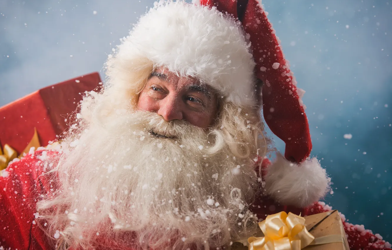 Фото обои зима, снег, Новый Год, Рождество, подарки, Санта Клаус, happy, Дед Мороз