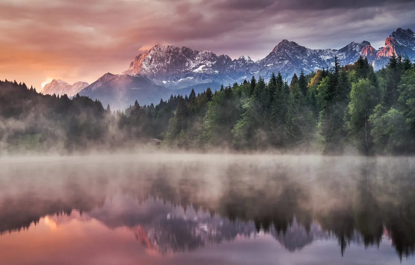 Фото обои Sky, Sunrise, Mist, Alps, Panorama, Fog, Reflections