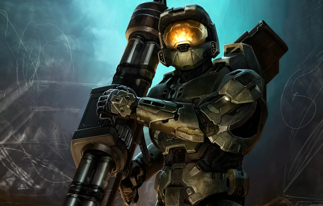Фото обои отражение, оружие, солдат, костюм, Halo, броня