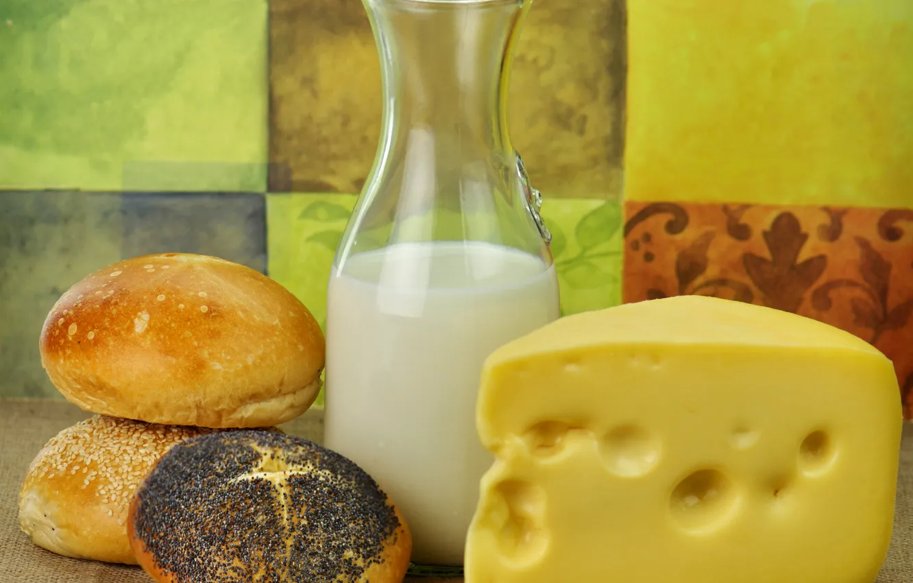 Фото обои сыр, молоко, кунжут, булочки, тмин