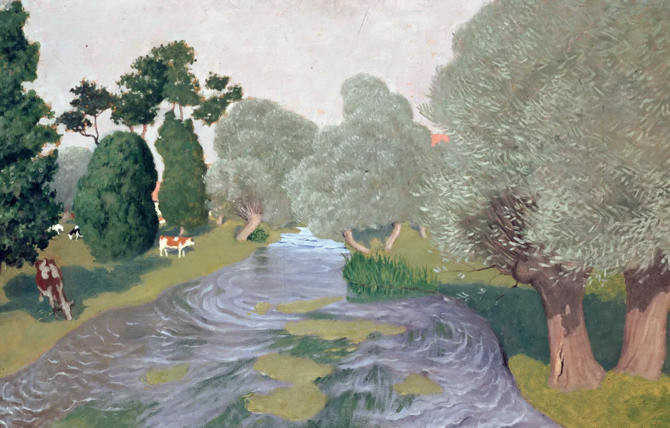 Фото обои деревья, река, картина, Пейзаж. Арк-ла-Батай, Феликс Валлотон