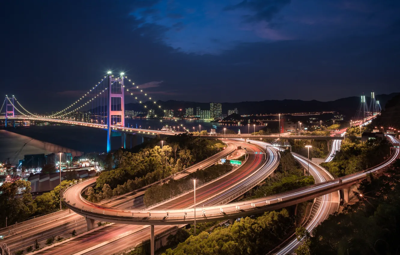 Фото обои мост, China, дороги, Гонконг, Китай, ночной город, Hong Kong, Tsing Ma Bridge