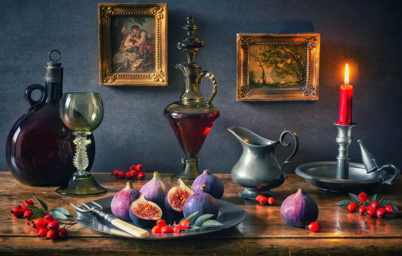 Фото обои стиль, ягоды, вино, бокал, бутылка, свеча, шиповник, картины