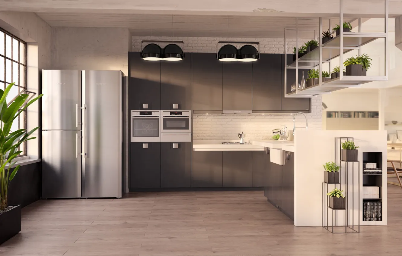 Фото обои интерьер, холодильник, кухня, помещение, Kitchens CGI