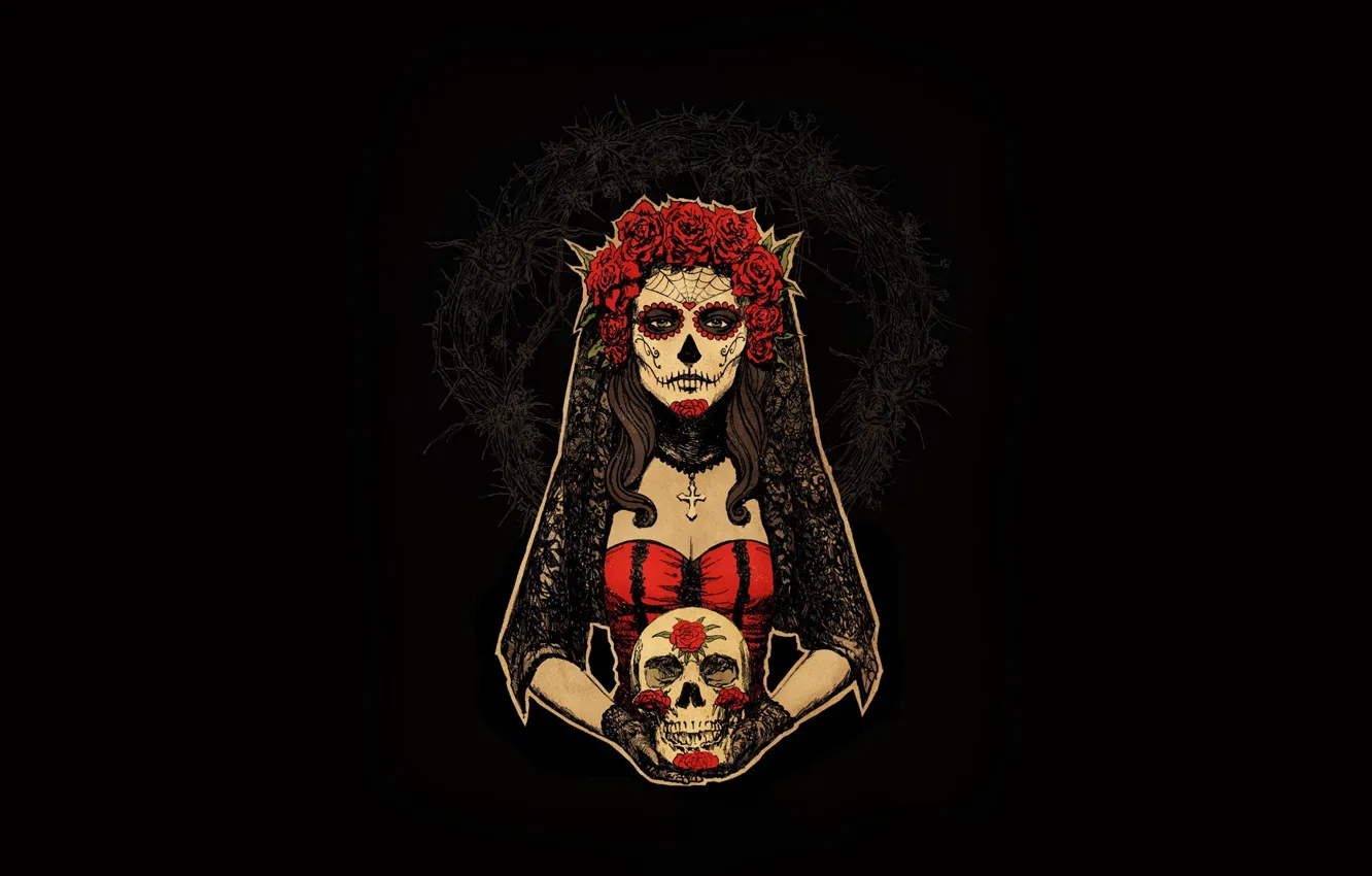 Фото обои Девушка, Минимализм, Череп, Стиль, Фон, Calavera, Арт, Art