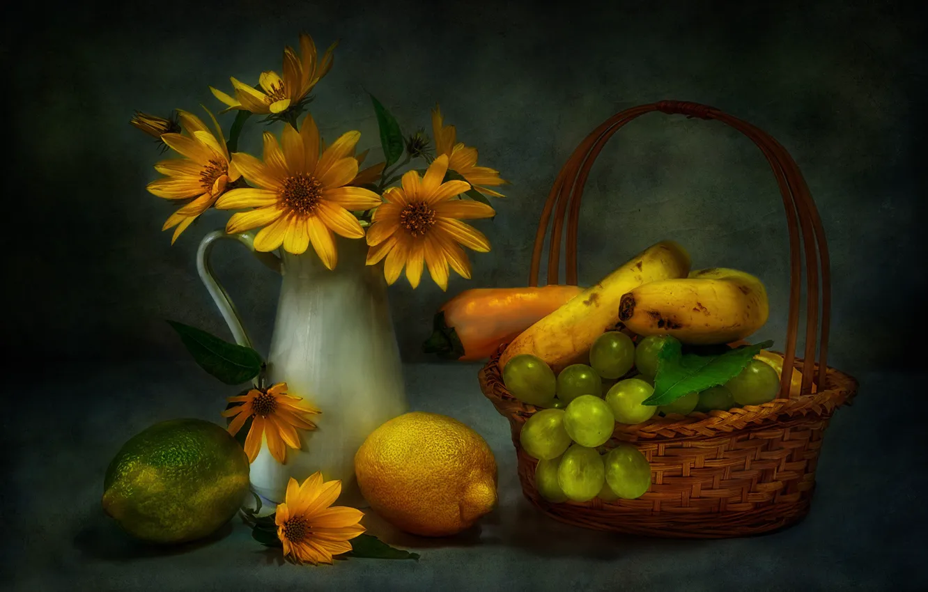 Фото обои букет, виноград, бананы, натюрморт, лимоны