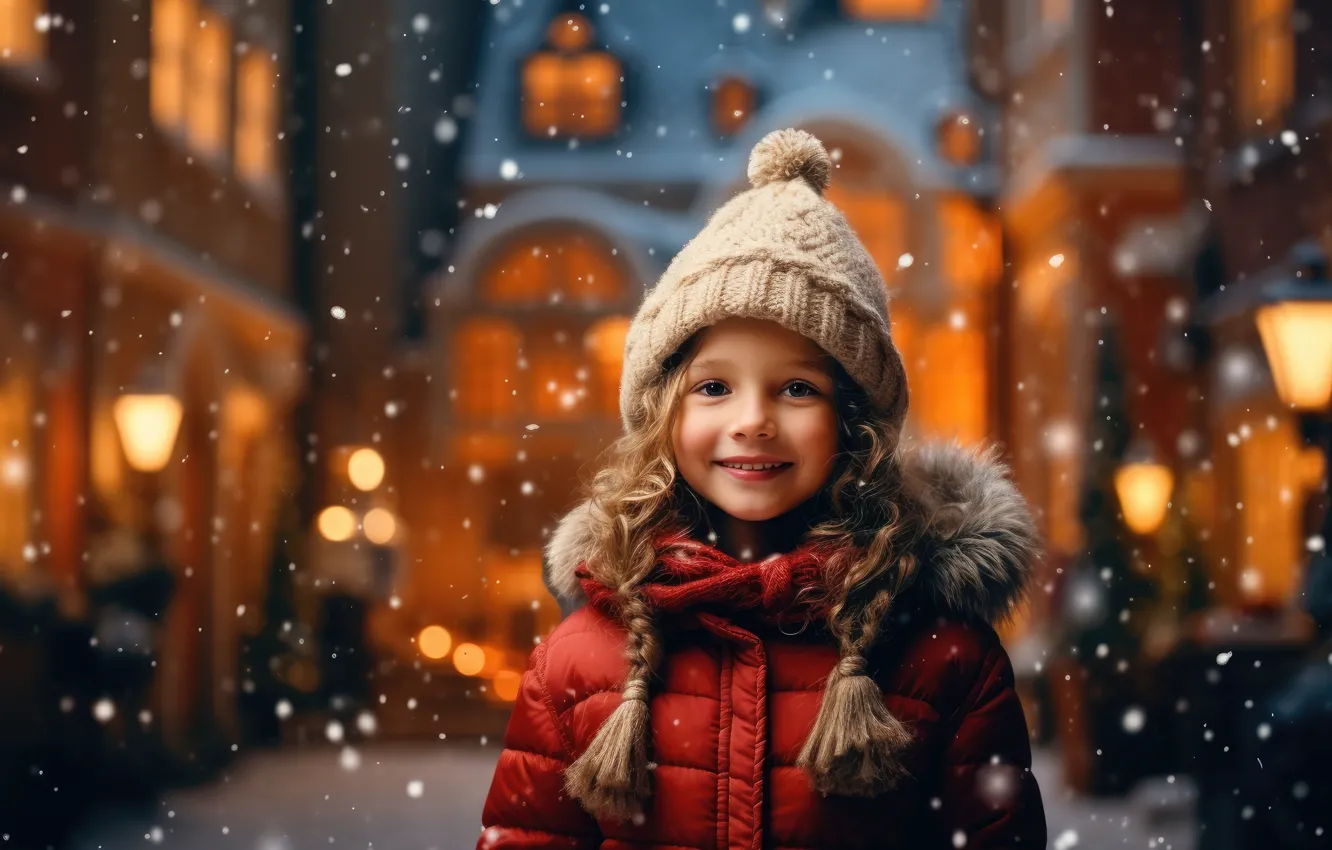 Фото обои зима, свет, снег, радость, город, огни, улыбка, улица